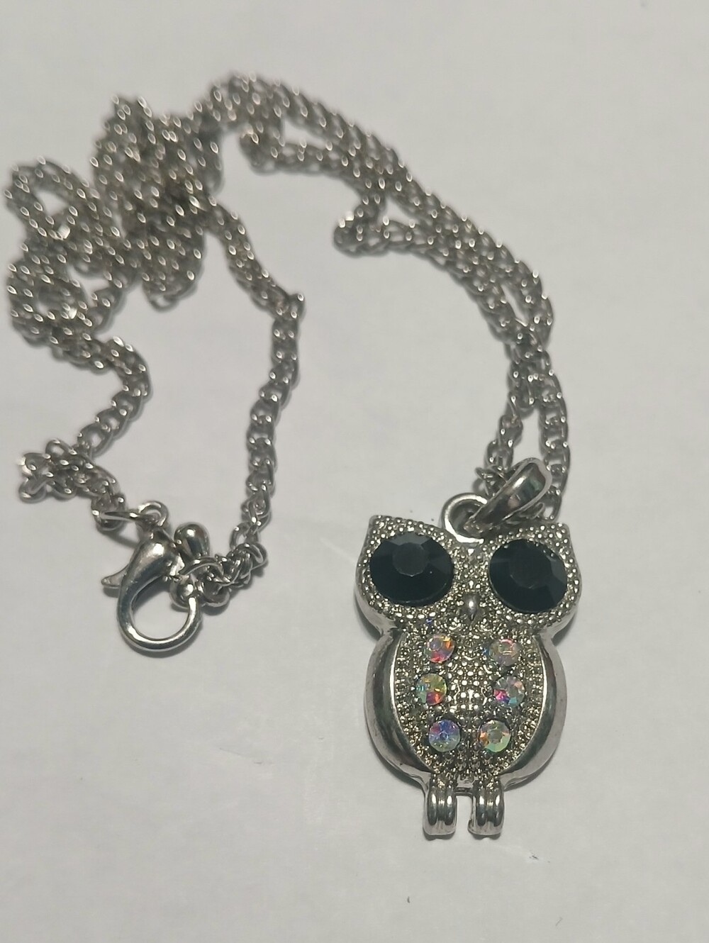 Silver Owl Pendant Necklace with Black and Iridescent Stones